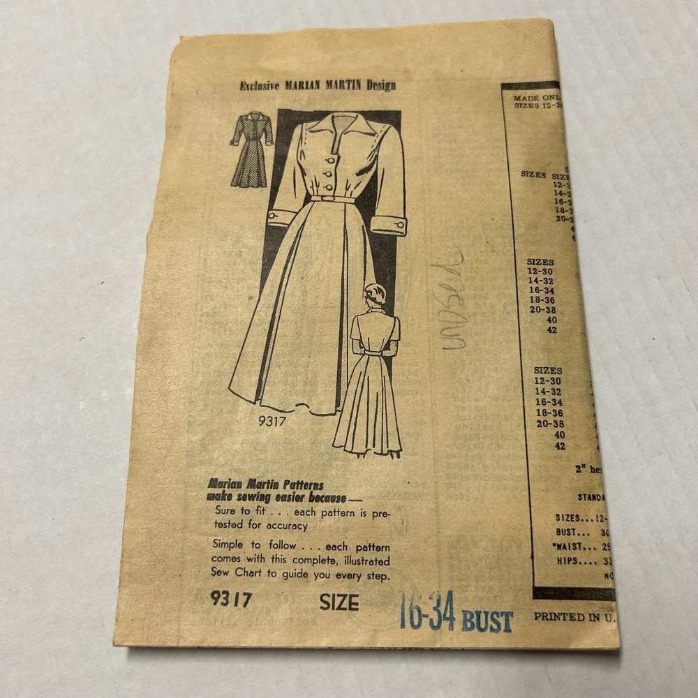 Marian Martin‎ Vintage 1940's Mail Order Pattern #9317 Belted Dress Size 16 HTF
